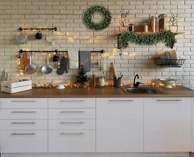 Katebackdrop：Kate White Brick Wall Christmas Kitchen  Backdrop Designed By Jerry_Sina