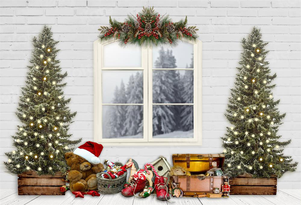 Kate Telón de fondo de Navidad Ventanas blancas y árboles de Navidad diseñados por JS Photography
