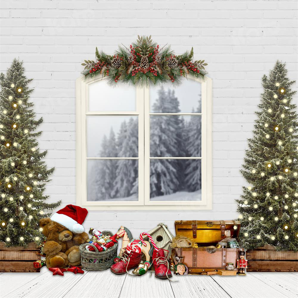 Kate Telón de fondo de Navidad Ventanas blancas y árboles de Navidad diseñados por JS Photography