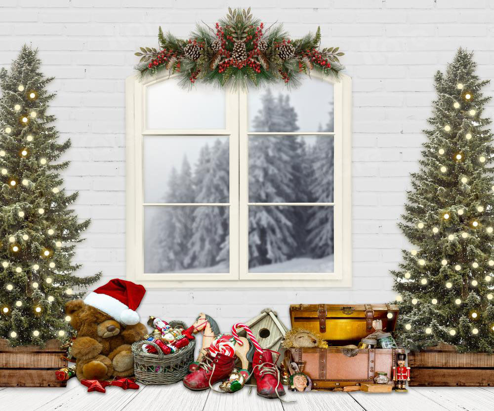 Kate Telón de fondo de Navidad Ventanas blancas y árboles de Navidad diseñados por JS Photography