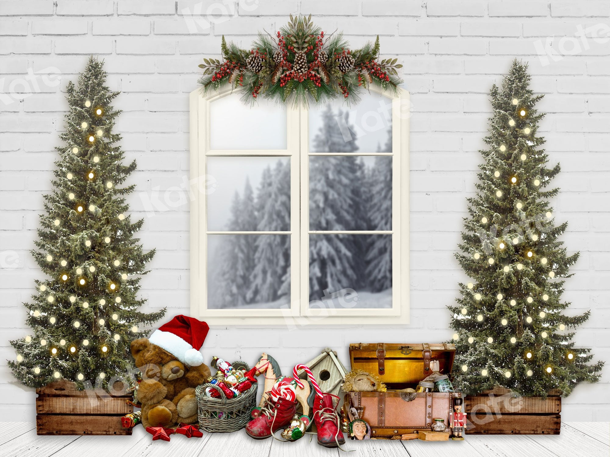 Cargar imagen en el visor de la galería, Kate Telón de fondo de Navidad Ventanas blancas y árboles de Navidad diseñados por JS Photography