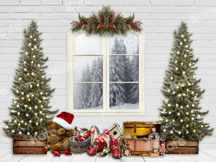 Kate Telón de fondo de Navidad Ventanas blancas y árboles de Navidad diseñados por JS Photography