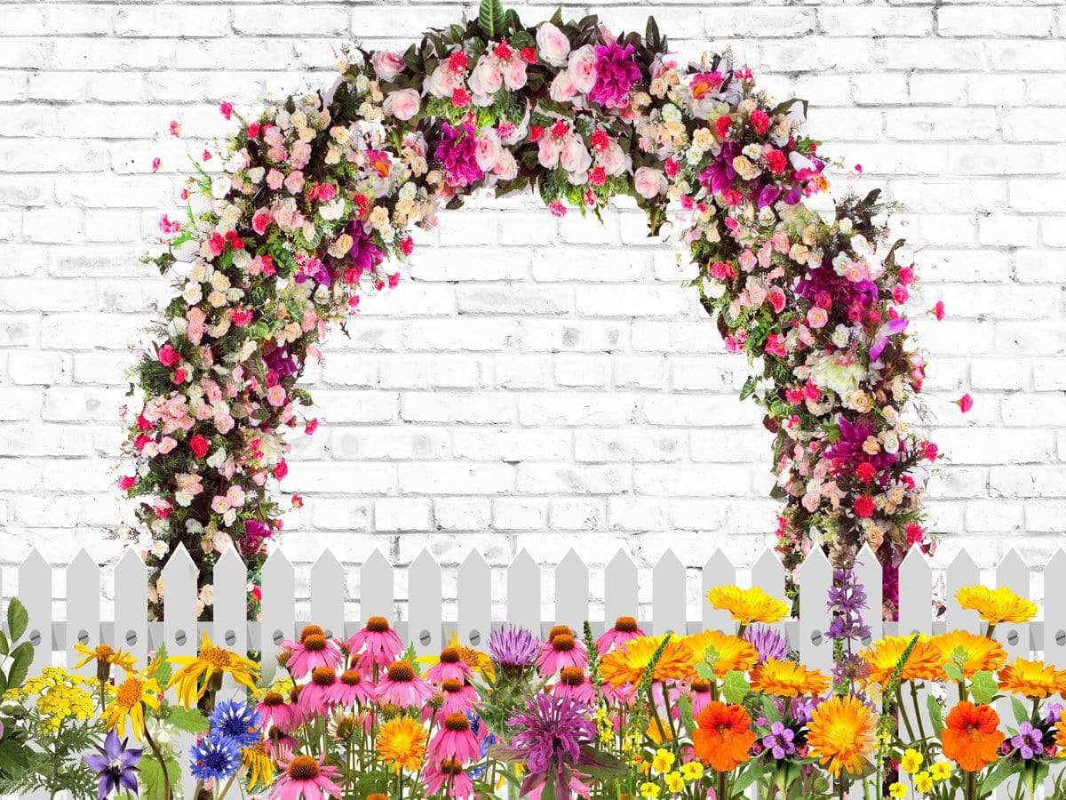 Katebackdrop£ºKate Retro Brick with Spring Flowers and Fence Backdrop for Photography Designed by JFCC