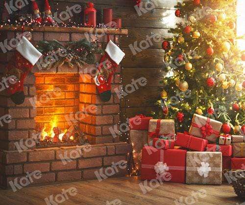 Katebackdrop：Kate Winter Christmas trees  Fireplace  Stockings  Christmas Gifts for Pictures