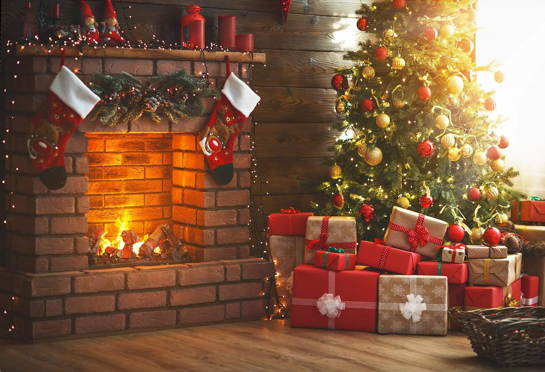 Katebackdrop：Kate Winter Christmas trees  Fireplace  Stockings  Christmas Gifts for Pictures