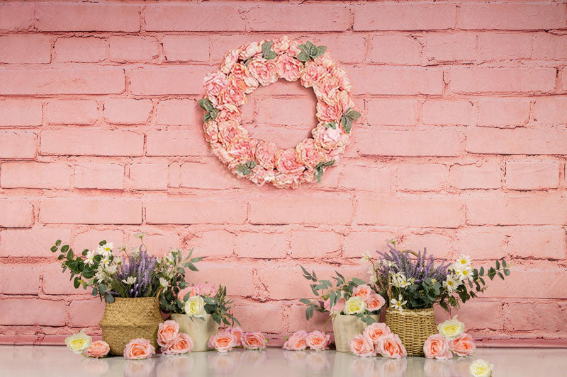 Cargar imagen en el visor de la galería, Kate Telón de fondo floral de primavera \ día de la madre de pared de ladrillo rosa por Jia Chan Photography