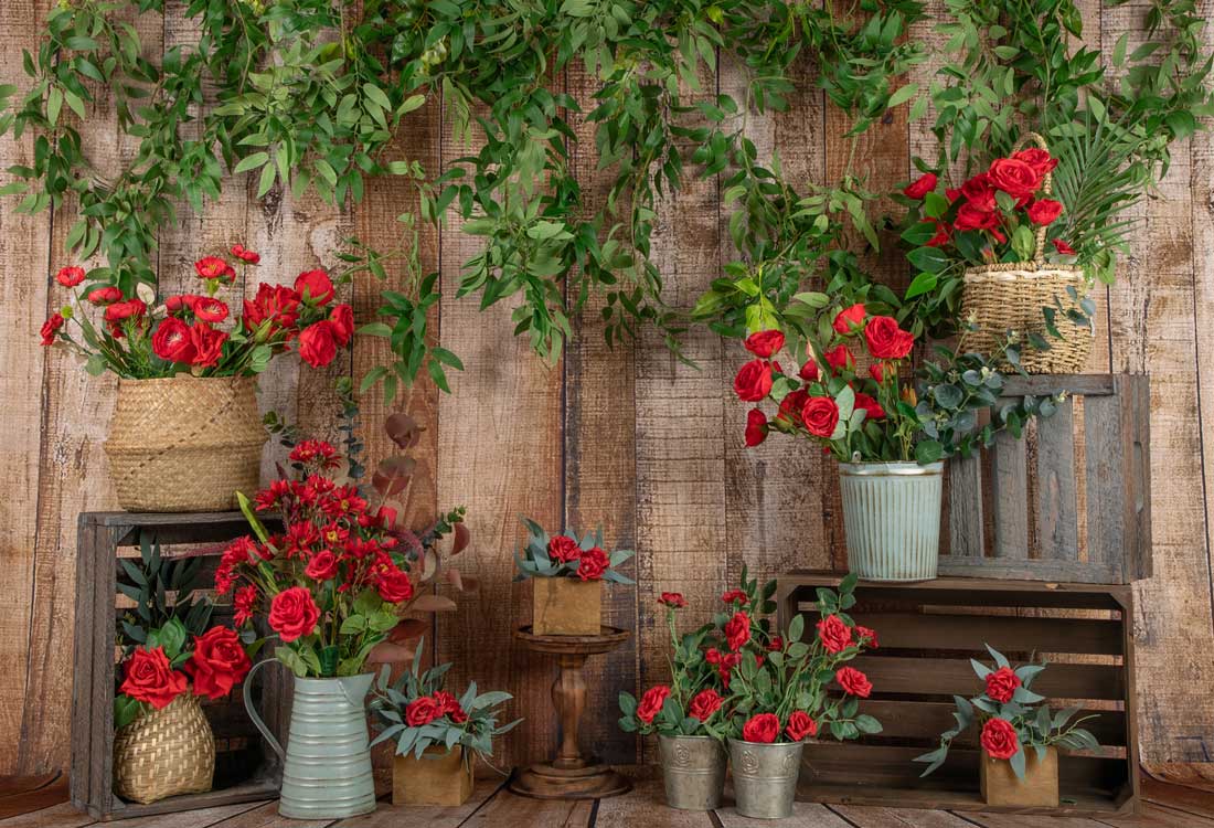 Kate Telón de fondo de madera de flor roja de primavera diseñado por Jia Chan Photography