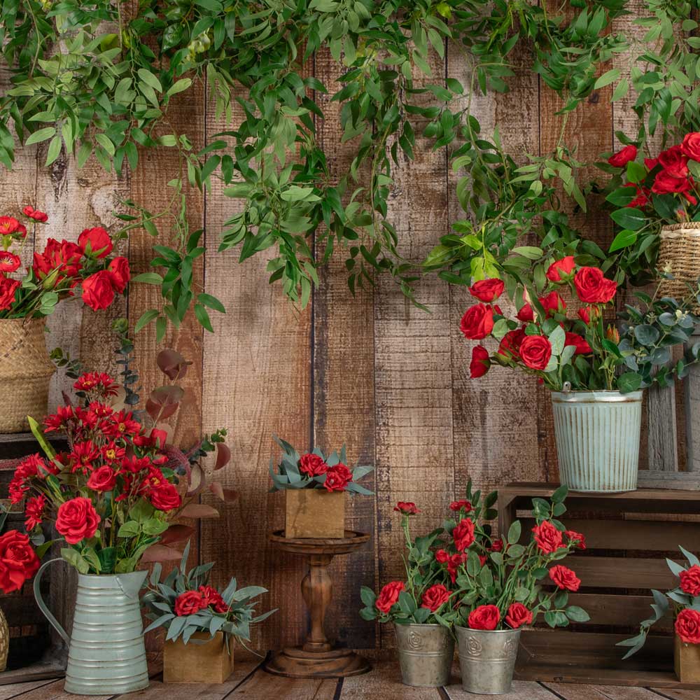 Kate Telón de fondo de madera de flor roja de primavera diseñado por Jia Chan Photography