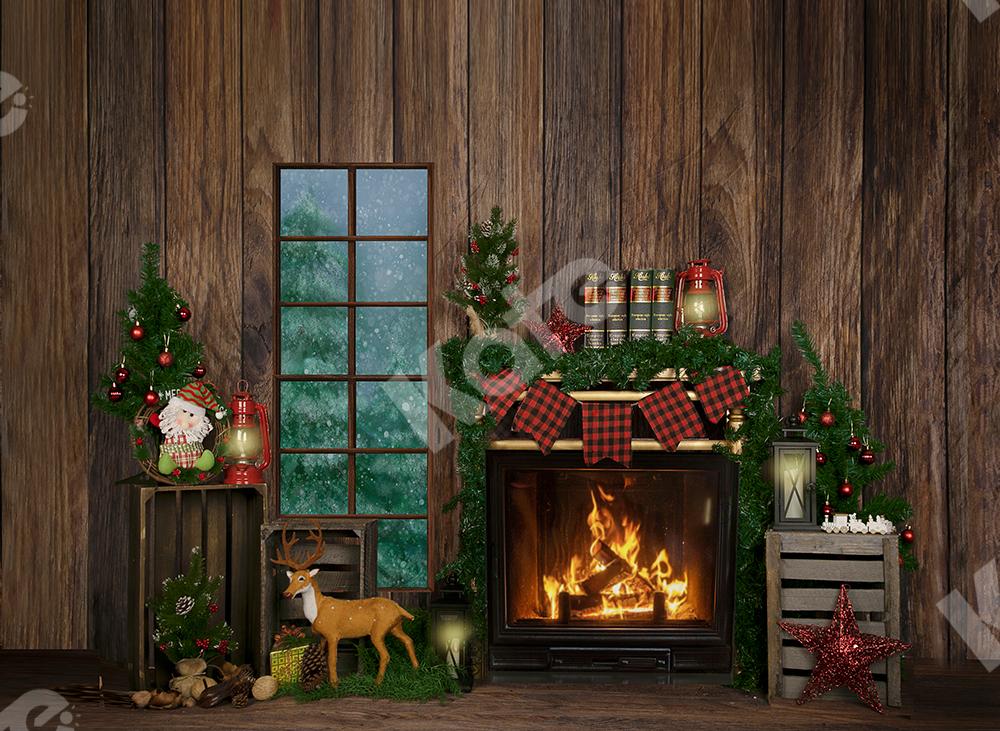 Kate Navidad como telón de fondo Chimenea interior de madera diseñada por Jia Chan Photography