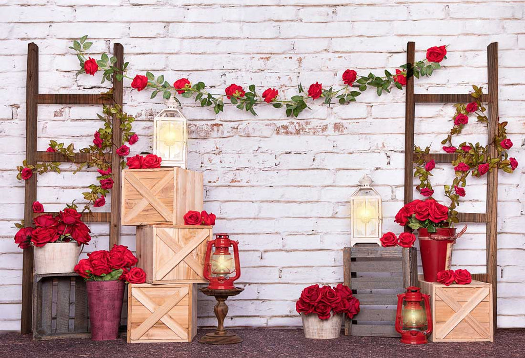 Kate Fondo de pared de ladrillo blanco con rosas de San Valentín diseñado por Emetselch