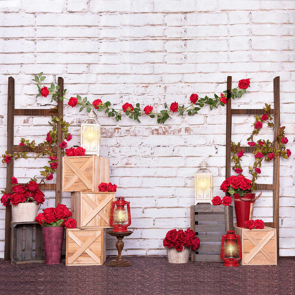 Kate Fondo de pared de ladrillo blanco con rosas de San Valentín diseñado por Emetselch