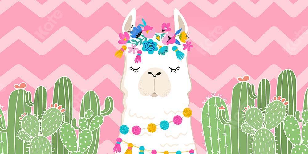 Cargar imagen en el visor de la galería, Kate Cake Smash cumpleaños cactus alpaca Fondo de rayas rosadas diseñado por Chain Photography