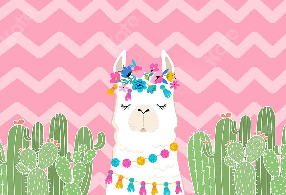 Kate Cake Smash cumpleaños cactus alpaca Fondo de rayas rosadas diseñado por Chain Photography
