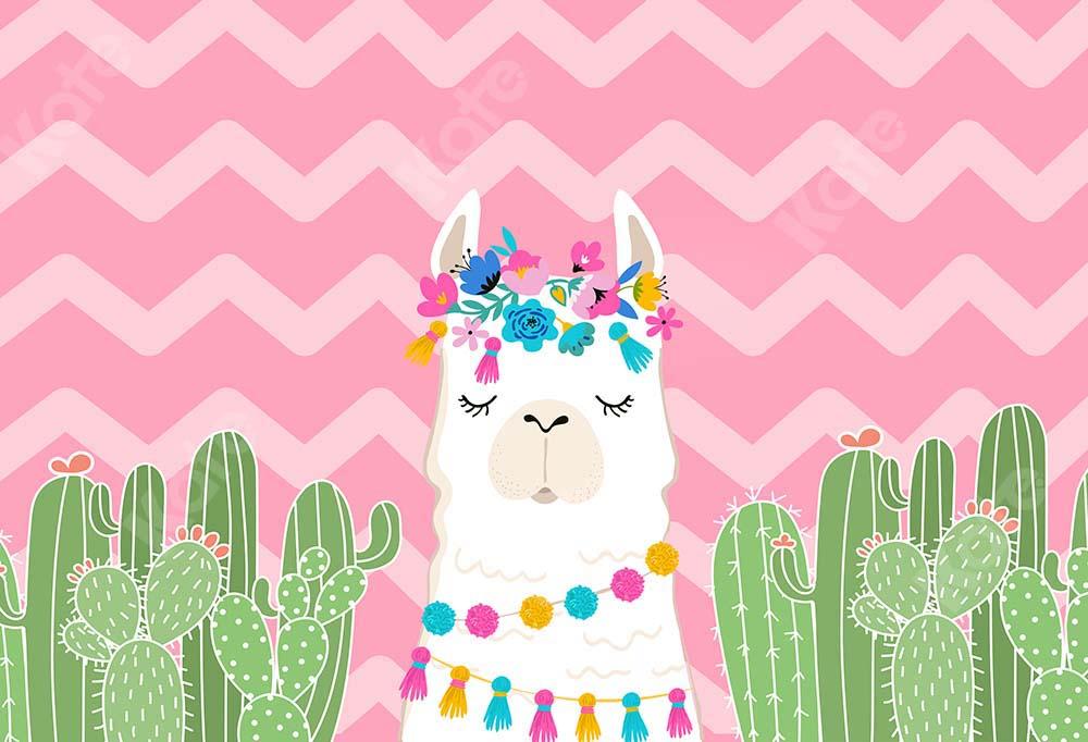 Cargar imagen en el visor de la galería, Kate Cake Smash cumpleaños cactus alpaca Fondo de rayas rosadas diseñado por Chain Photography