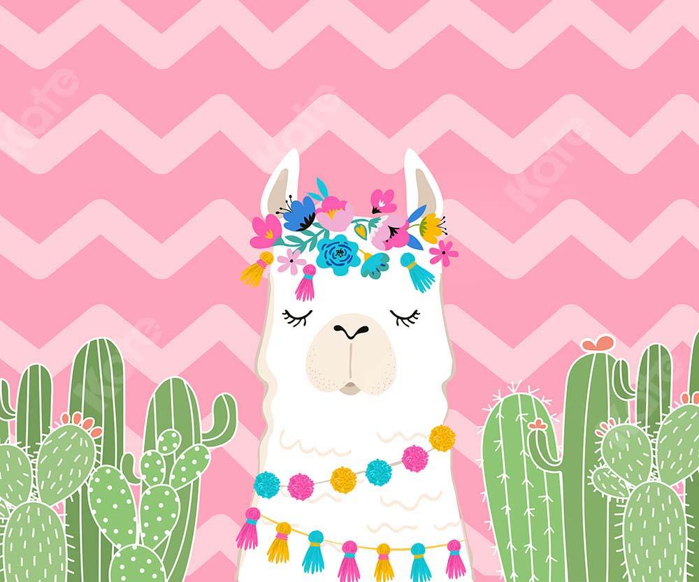 Kate Cake Smash cumpleaños cactus alpaca Fondo de rayas rosadas diseñado por Chain Photography