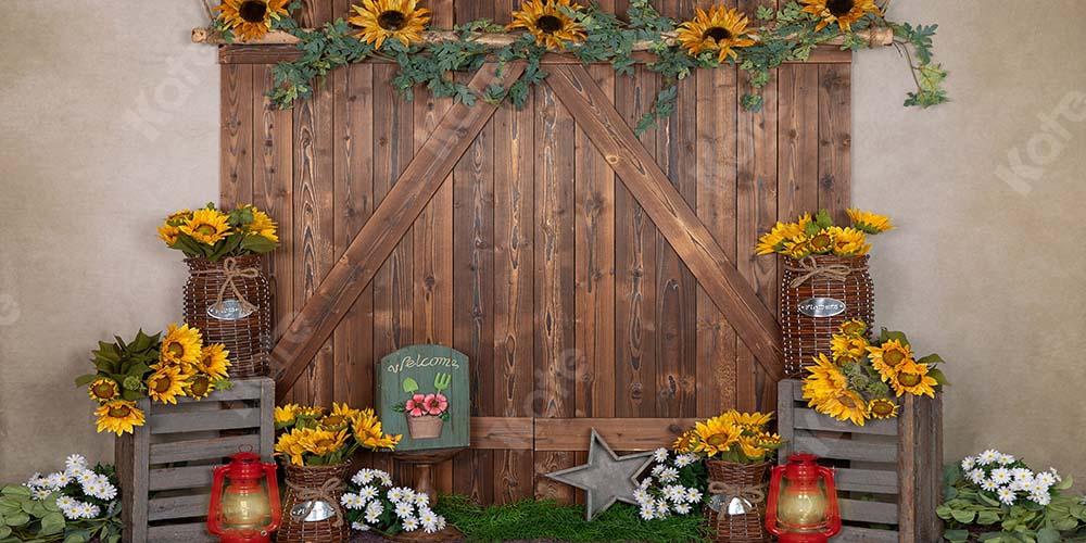 Kate Telón de fondo de puerta de madera marrón de girasoles de primavera diseñado por Emetselch