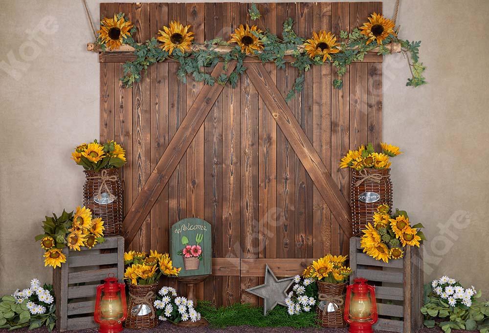 Kate Telón de fondo de puerta de madera marrón de girasoles de primavera diseñado por Emetselch