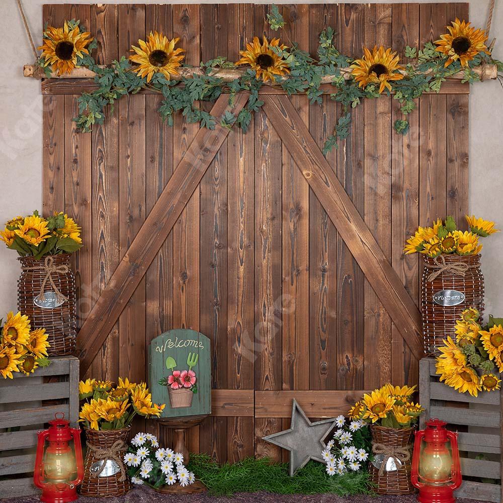 Kate Telón de fondo de puerta de madera marrón de girasoles de primavera diseñado por Emetselch