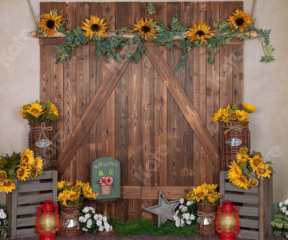 Kate Telón de fondo de puerta de madera marrón de girasoles de primavera diseñado por Emetselch