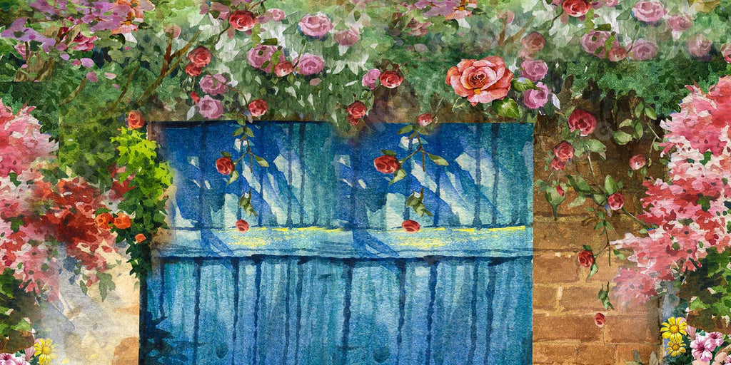Kate Fondo de flores de jardín de puerta de madera azul primavera diseñado por GQ