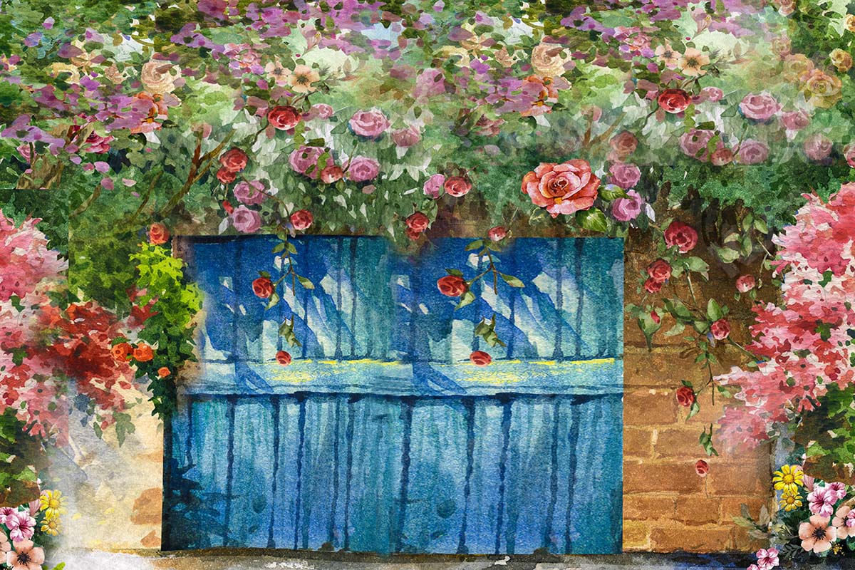 Cargar imagen en el visor de la galería, Kate Fondo de flores de jardín de puerta de madera azul primavera diseñado por GQ