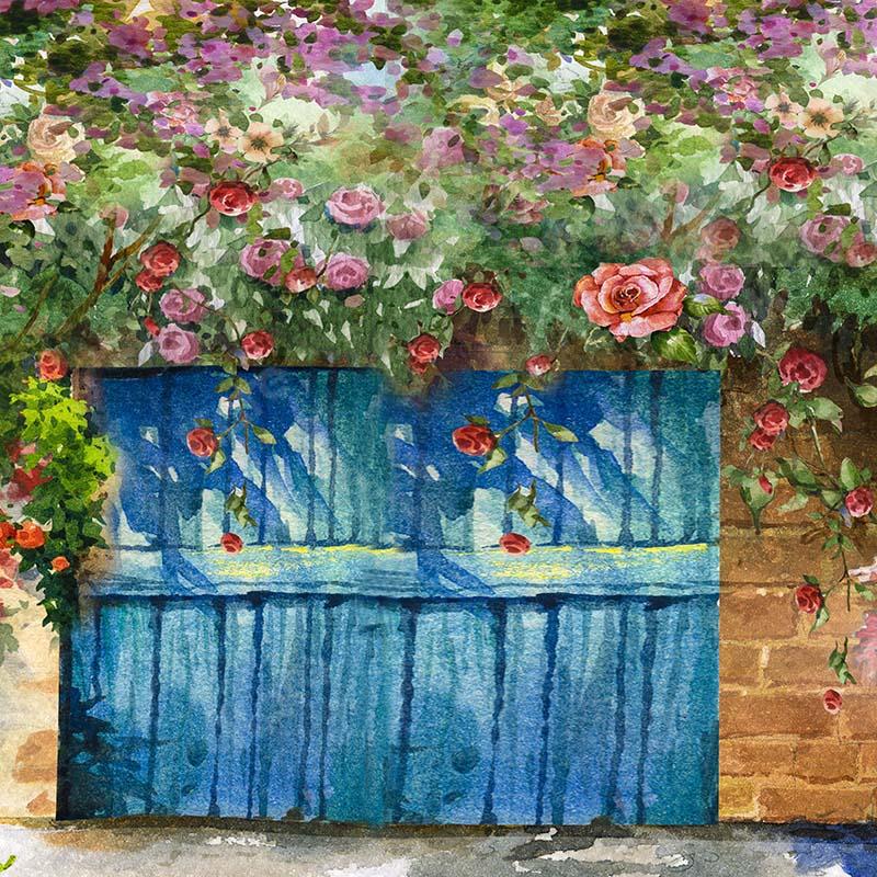 Kate Fondo de flores de jardín de puerta de madera azul primavera diseñado por GQ
