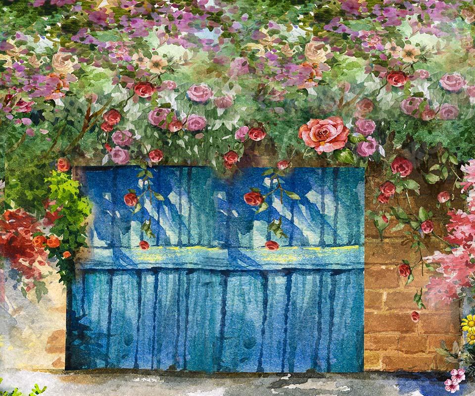 Kate Fondo de flores de jardín de puerta de madera azul primavera diseñado por GQ