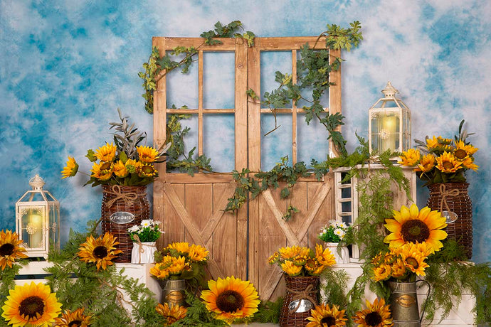 Kate Primavera Girasoles Puerta de madera marrón Fondo azul Diseñado por Emetselch