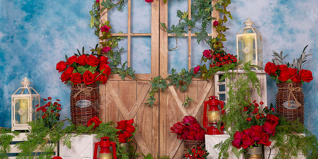 Kate Primavera / día de la madre Rosa roja Flores Puerta Fondo azul Diseñado por Emetselch