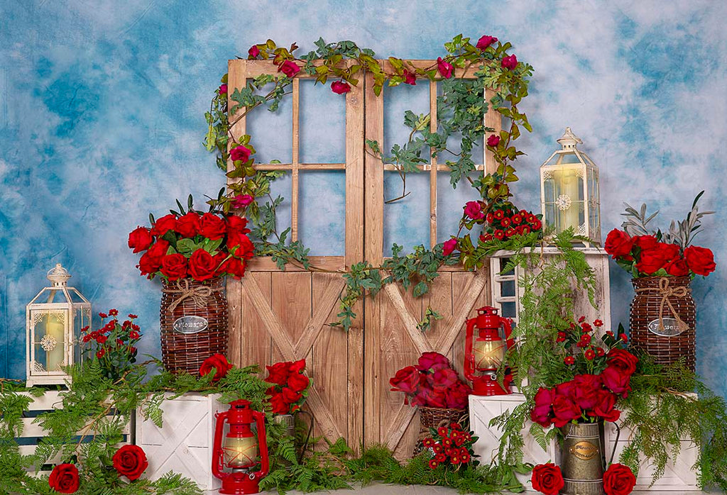 Kate Primavera / día de la madre Rosa roja Flores Puerta Fondo azul Diseñado por Emetselch