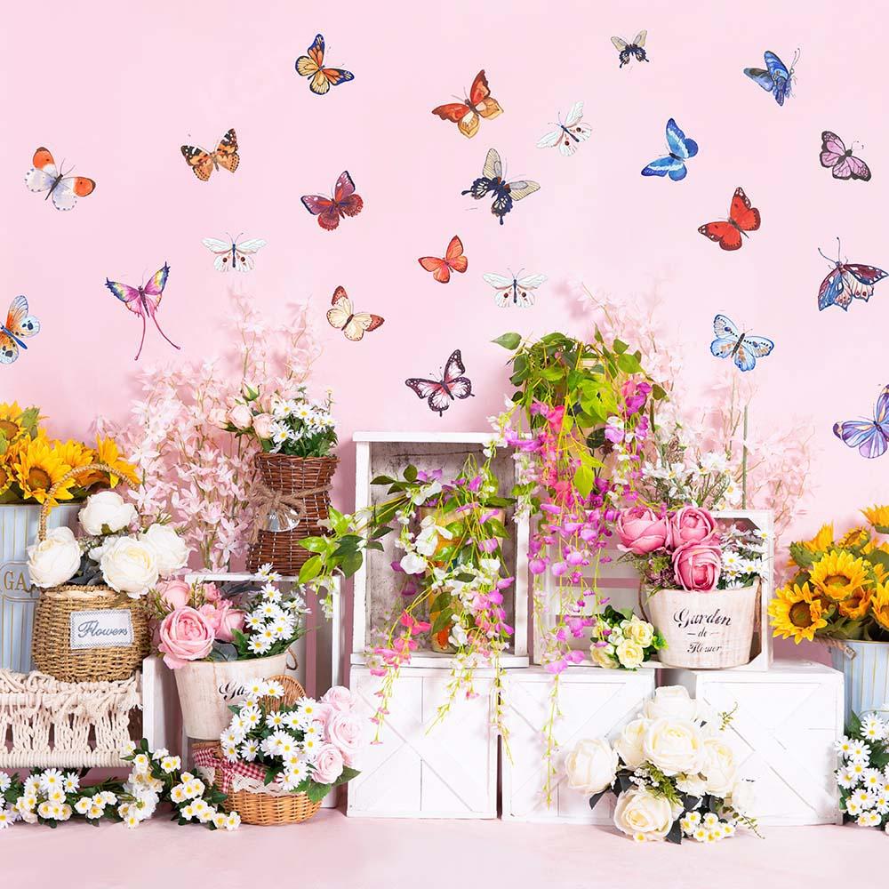 Kate Telón de fondo de pared de mariposa con flores de primavera diseñado por Emetselch
