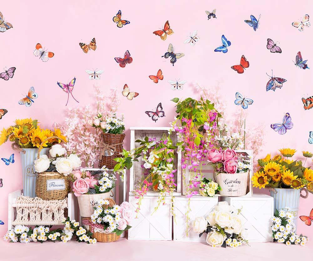 Kate Telón de fondo de pared de mariposa con flores de primavera diseñado por Emetselch