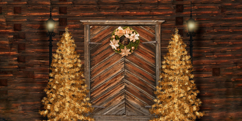 Kate Telón de fondo de Navidad Árboles de Navidad dorados y puerta diseñados por Chain Photography