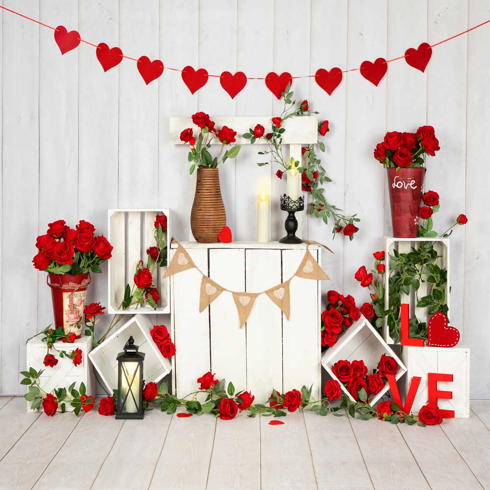 Kate Fondo de pared de madera blanca con soporte de rosas para el día de San Valentín diseñado por Emetselch