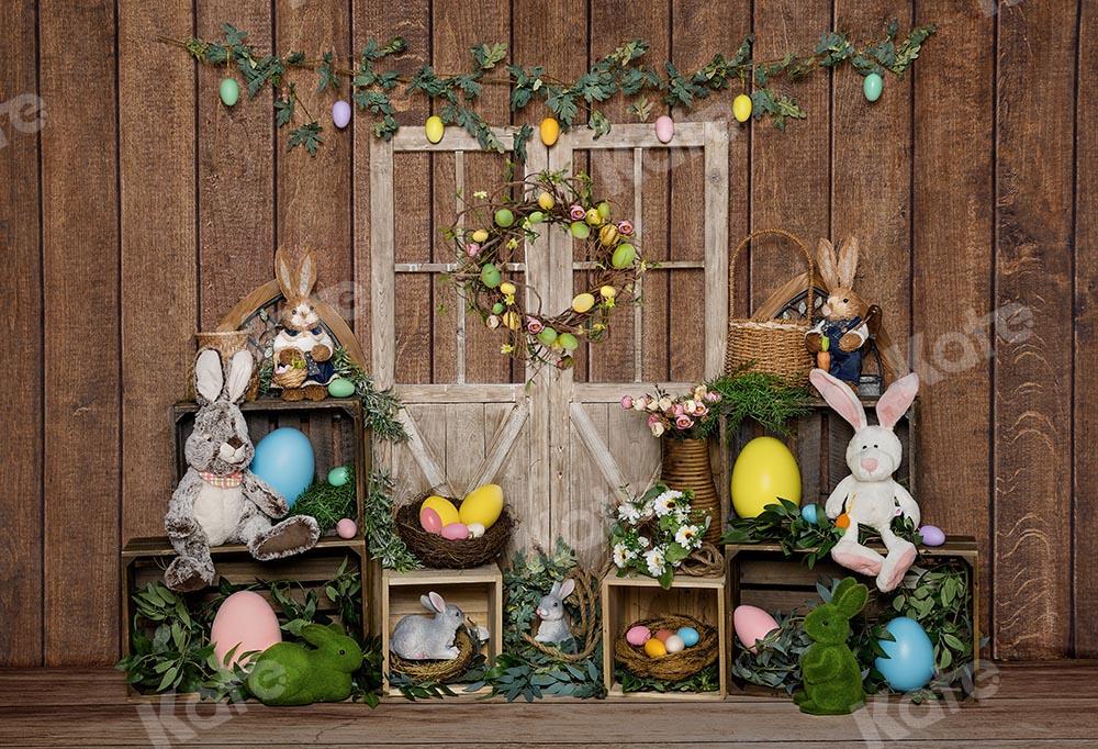 Kate Fondo de puerta de madera con huevo de conejito de Pascua diseñado por Emet Selch