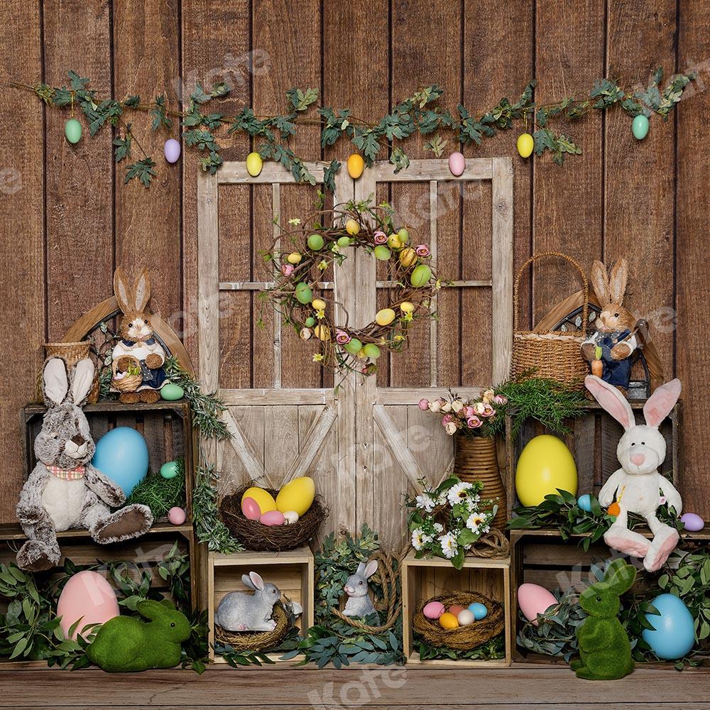 Kate Fondo de puerta de madera con huevo de conejito de Pascua diseñado por Emet Selch