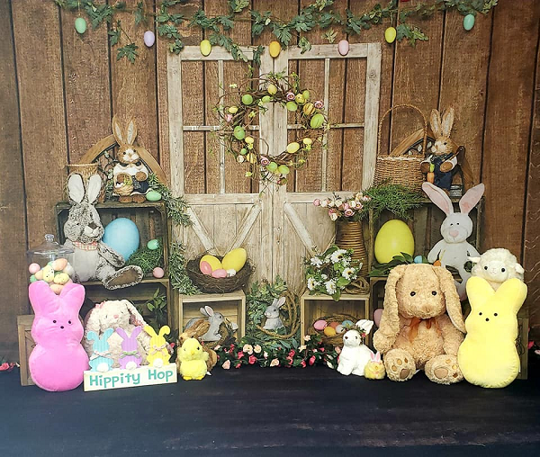 Kate Fondo de puerta de madera con huevo de conejito de Pascua diseñado por Emet Selch