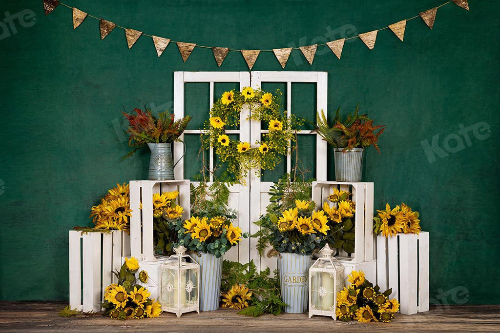 Kate Telón de fondo verde de puerta blanca de girasoles de primavera diseñado por Emetselch