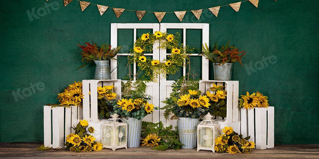 Kate Telón de fondo verde de puerta blanca de girasoles de primavera diseñado por Emetselch