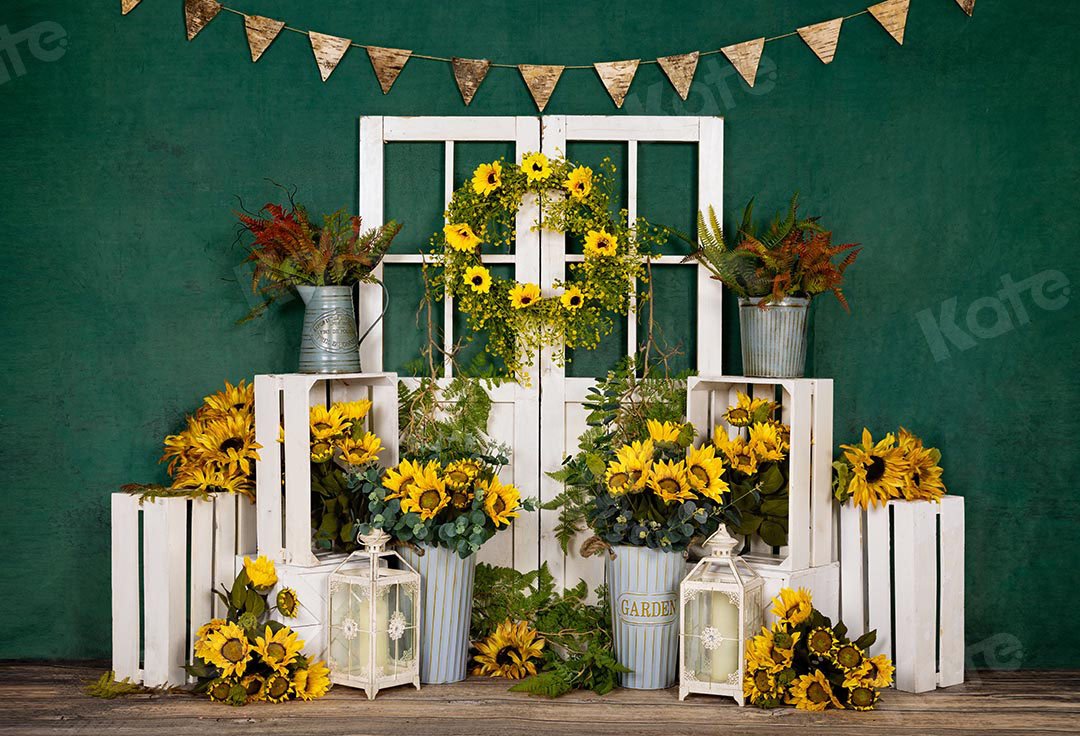 Kate Telón de fondo verde de puerta blanca de girasoles de primavera diseñado por Emetselch