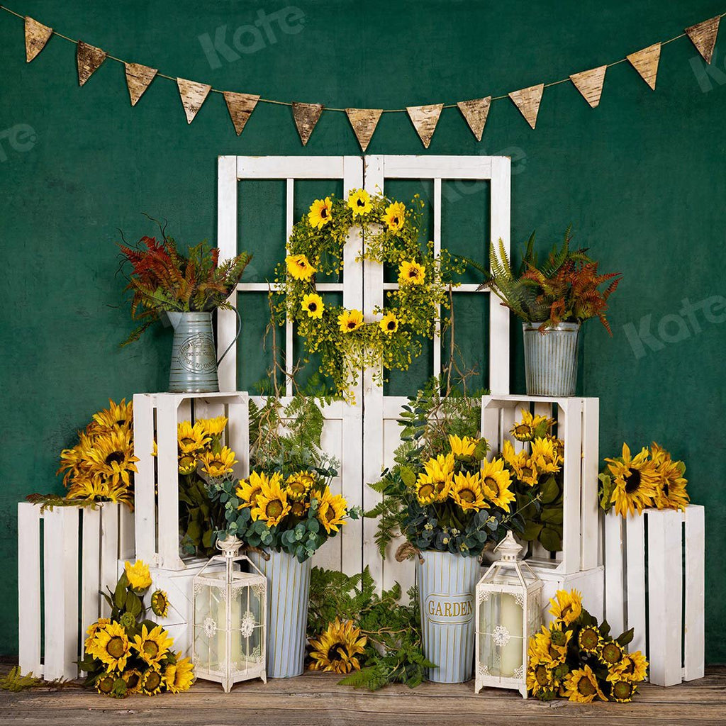 Kate Telón de fondo verde de puerta blanca de girasoles de primavera diseñado por Emetselch