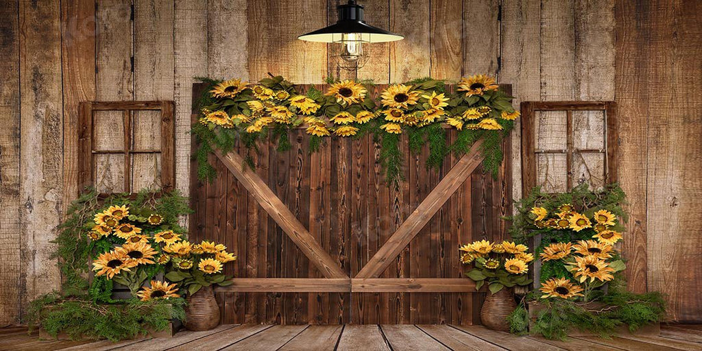 Kate Telón de fondo de puerta de madera con girasoles de primavera diseñado por Emetselch