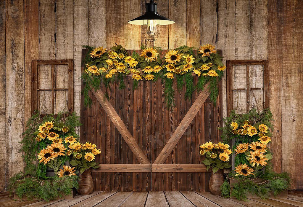Kate Telón de fondo de puerta de madera con girasoles de primavera diseñado por Emetselch