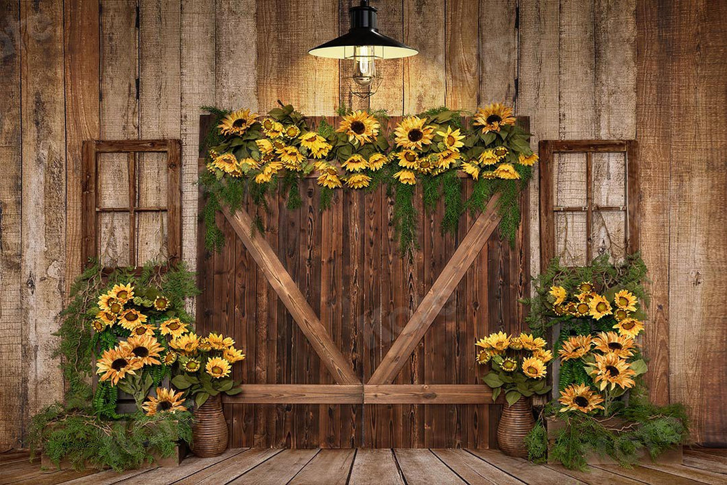 Kate Telón de fondo de puerta de madera con girasoles de primavera diseñado por Emetselch