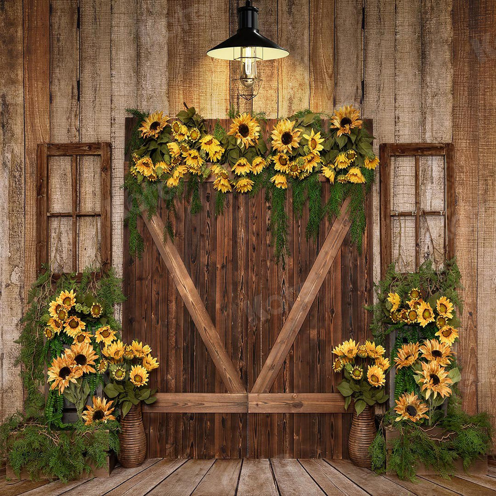 Kate Telón de fondo de puerta de madera con girasoles de primavera diseñado por Emetselch