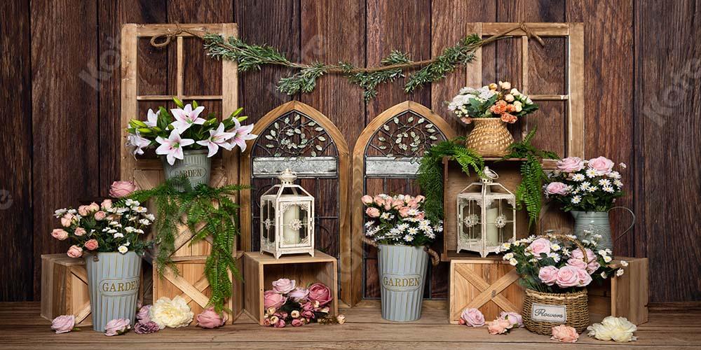 Kate Flores de primavera Puerta de madera Ventana Telón de fondo marrón Diseñado por Emetselch