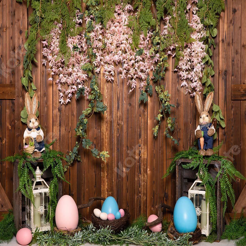 Kate Fondo de granero de madera marrón con conejito de huevos de Pascua diseñado por  Emetselch