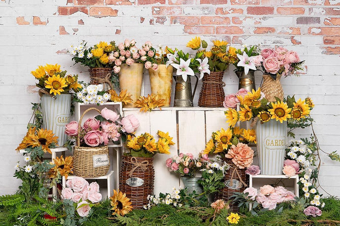 Kate Telón de fondo de pared de ladrillo de girasol de tienda de flores de primavera diseñado por Emetselch