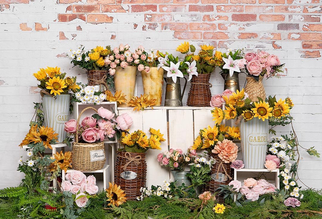 Cargar imagen en el visor de la galería, Kate Telón de fondo de pared de ladrillo de girasol de tienda de flores de primavera diseñado por Emetselch