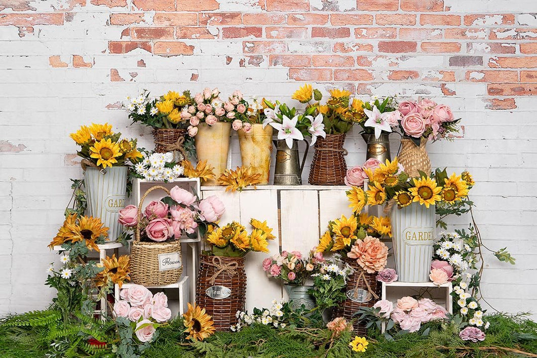 Kate Telón de fondo de pared de ladrillo de girasol de tienda de flores de primavera diseñado por Emetselch
